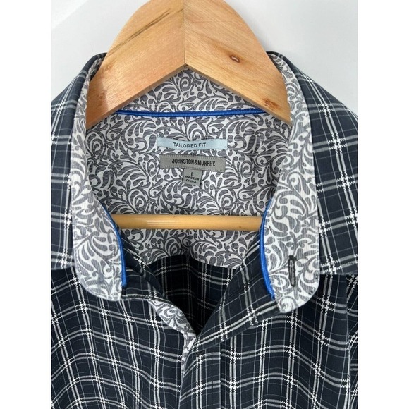 Johnston & Murphy Button-Down Dress Shirt Tailored Fit Blue Squares Men's Large - Picture 6 of 8